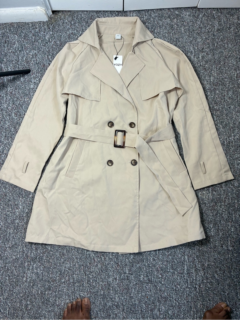 Women's Light Beige Double-Breasted Trench Coat with Belt